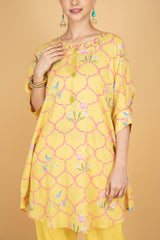 Lemon Yellow Embroidered Floral Print Short Kurta with Solid Pants