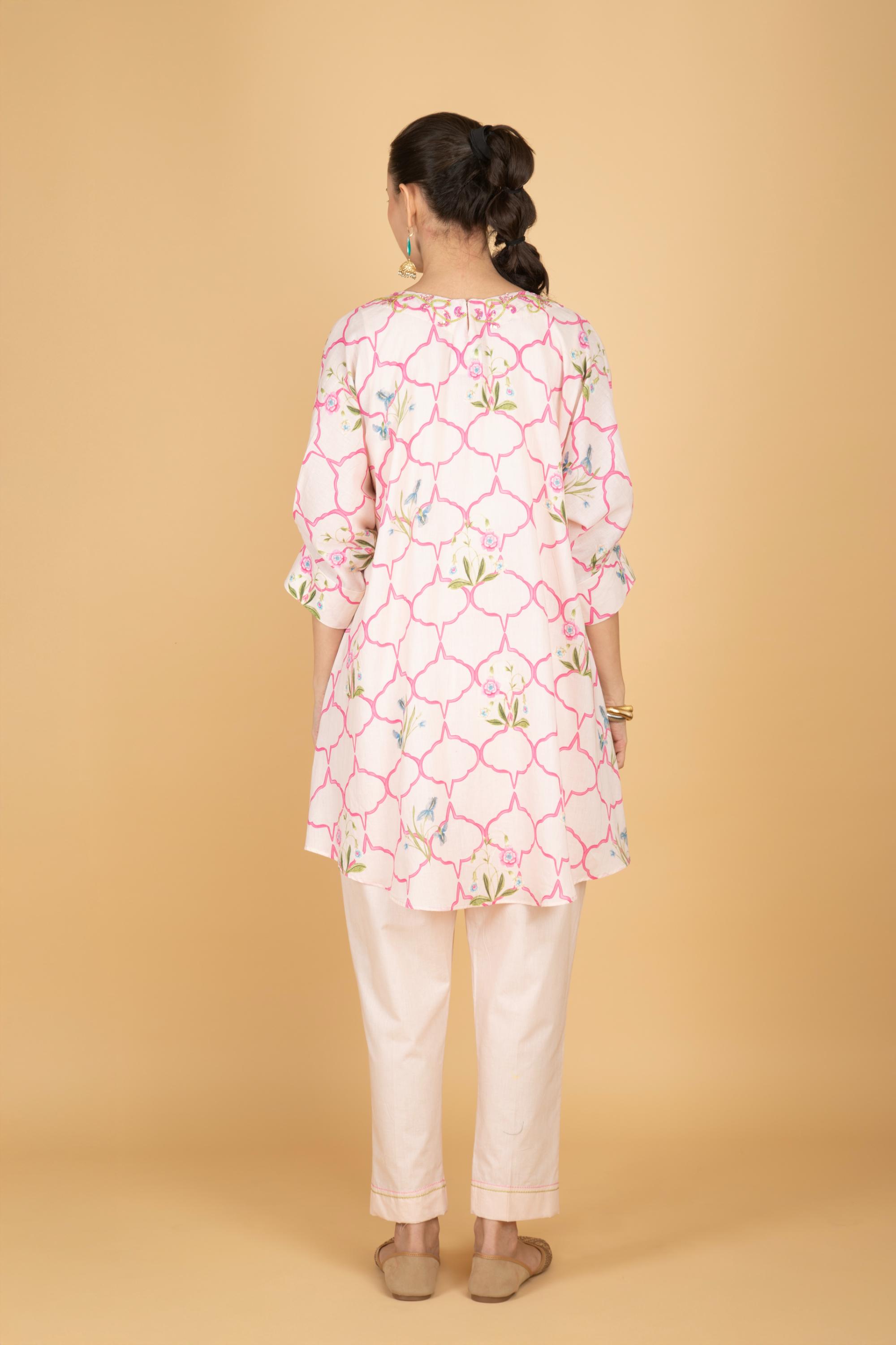 Nude Pink Embroidered Floral Print Short Kurta with Solid Pants