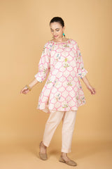 Nude Pink Embroidered Floral Print Short Kurta with Solid Pants