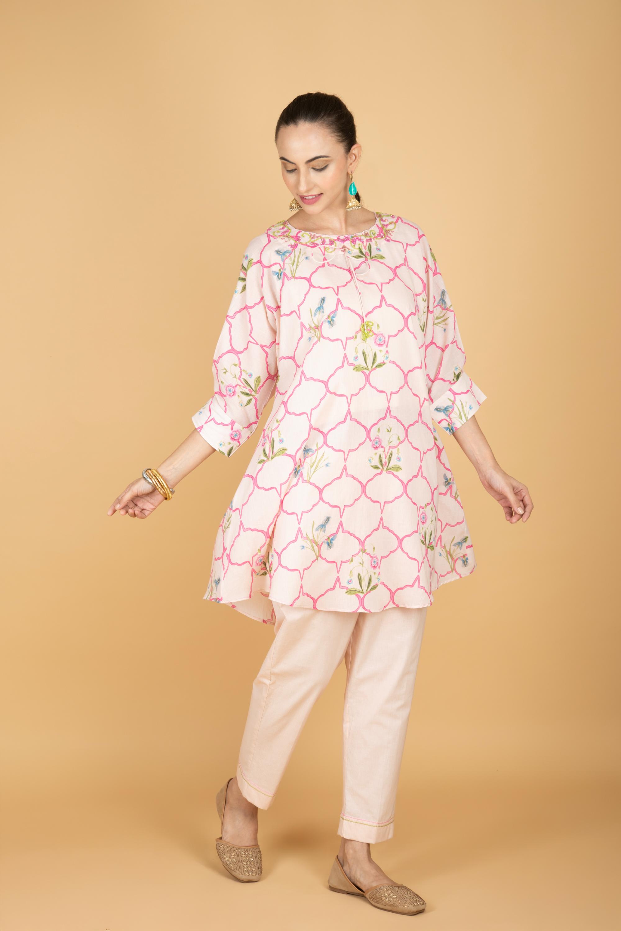 Nude Pink Embroidered Floral Print Short Kurta with Solid Pants