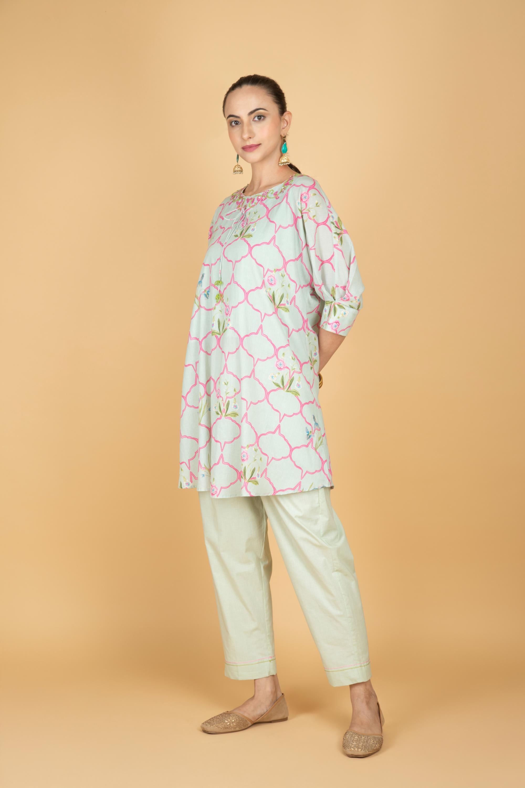 Green Embroidered Floral Print Short Kurta with Solid Pants
