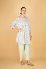 Green Embroidered Floral Print Short Kurta with Solid Pants