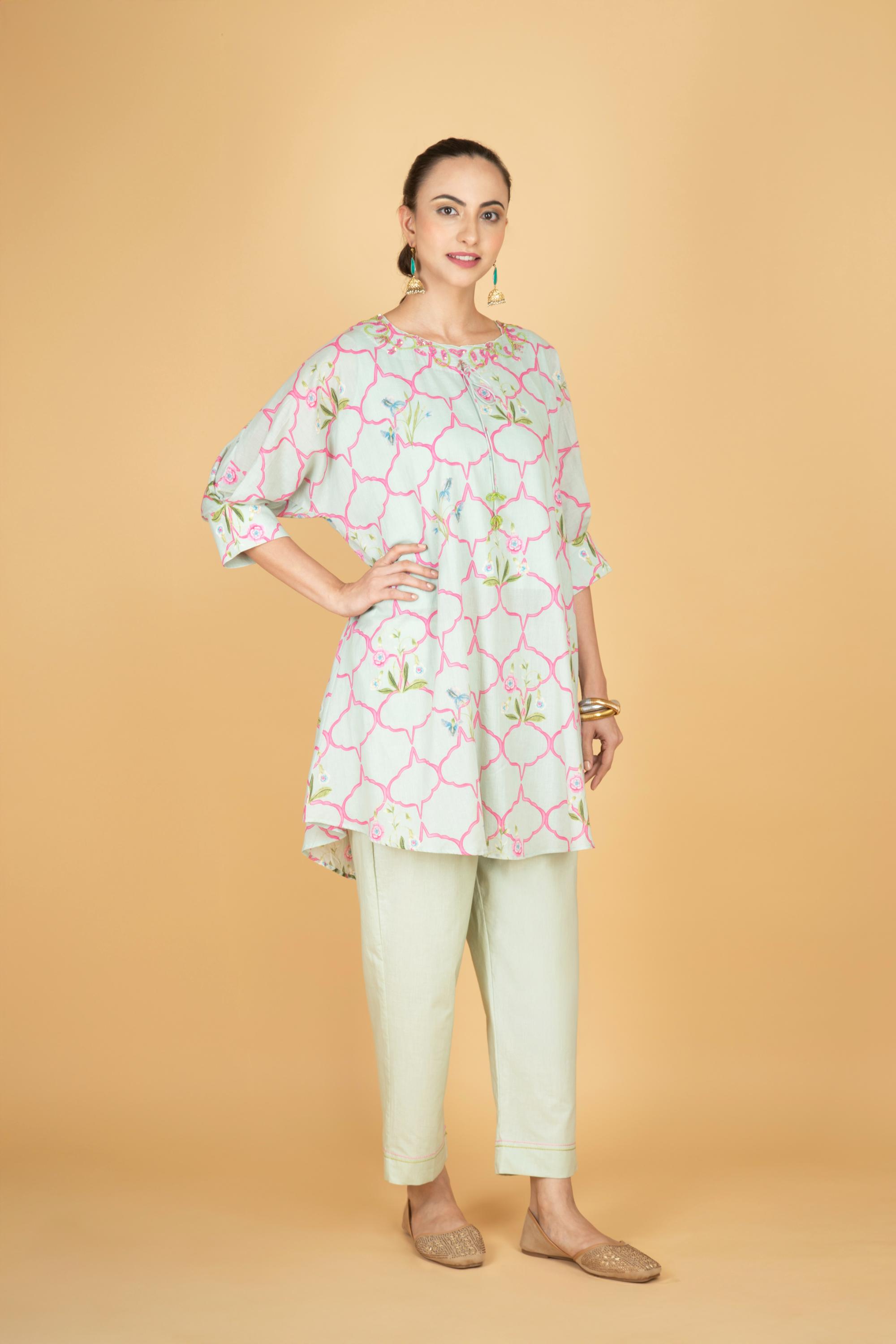 Green Embroidered Floral Print Short Kurta with Solid Pants