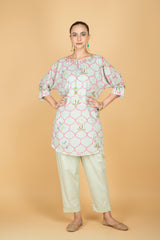 Green Embroidered Floral Print Short Kurta with Solid Pants