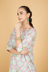 Green Embroidered Floral Print Short Kurta with Solid Pants