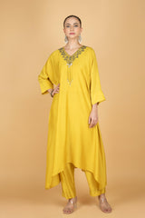 Lime Yellow Hand Embroidered Kaftaan Kurta W/Pants