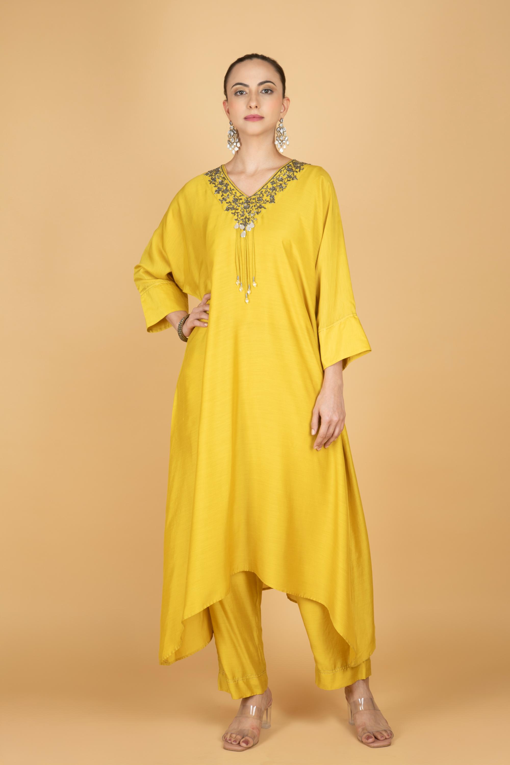 Lime Yellow Hand Embroidered Kaftaan Kurta W/Pants