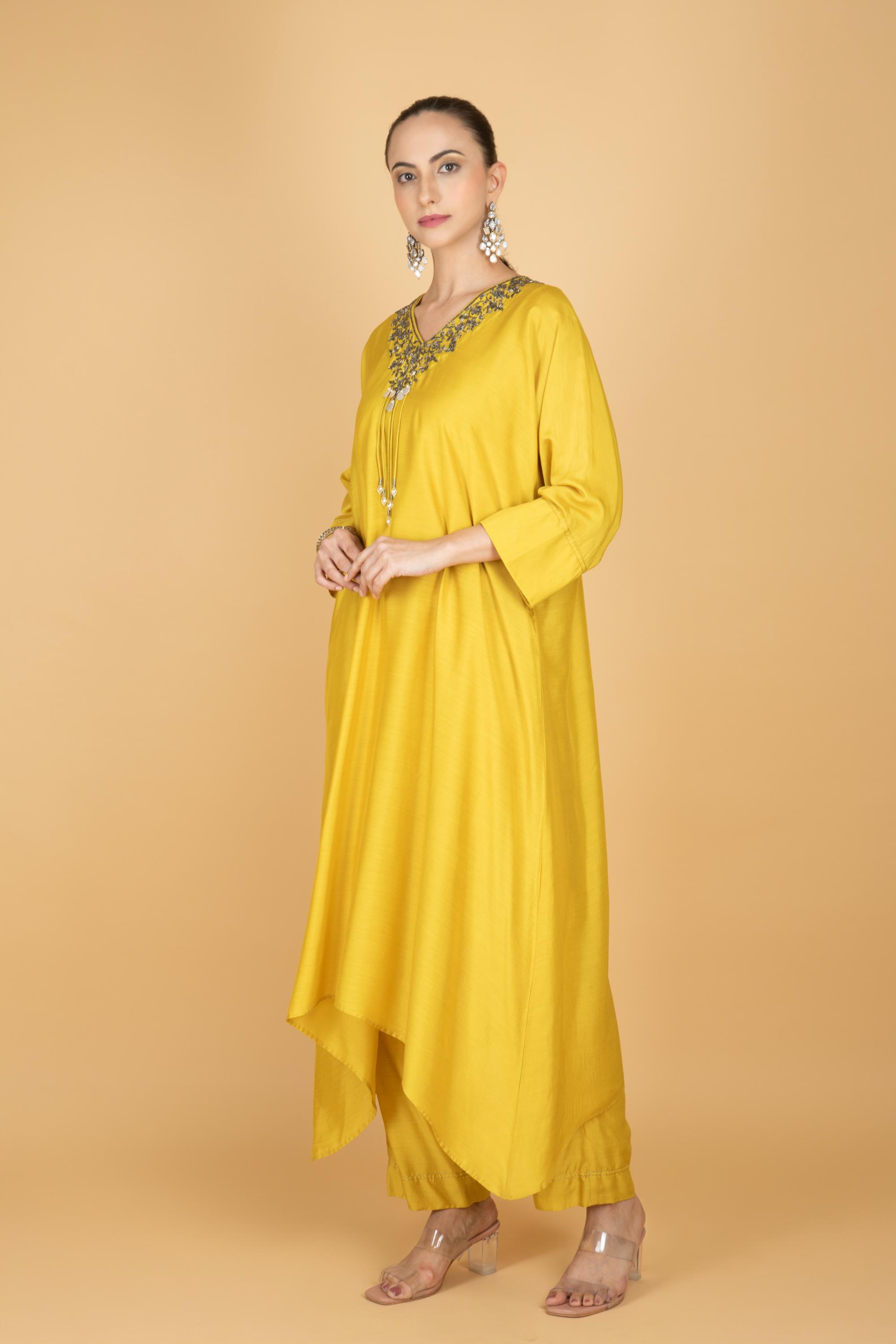 Lime Yellow Hand Embroidered Kaftaan Kurta W/Pants
