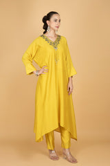 Lime Yellow Hand Embroidered Kaftaan Kurta W/Pants