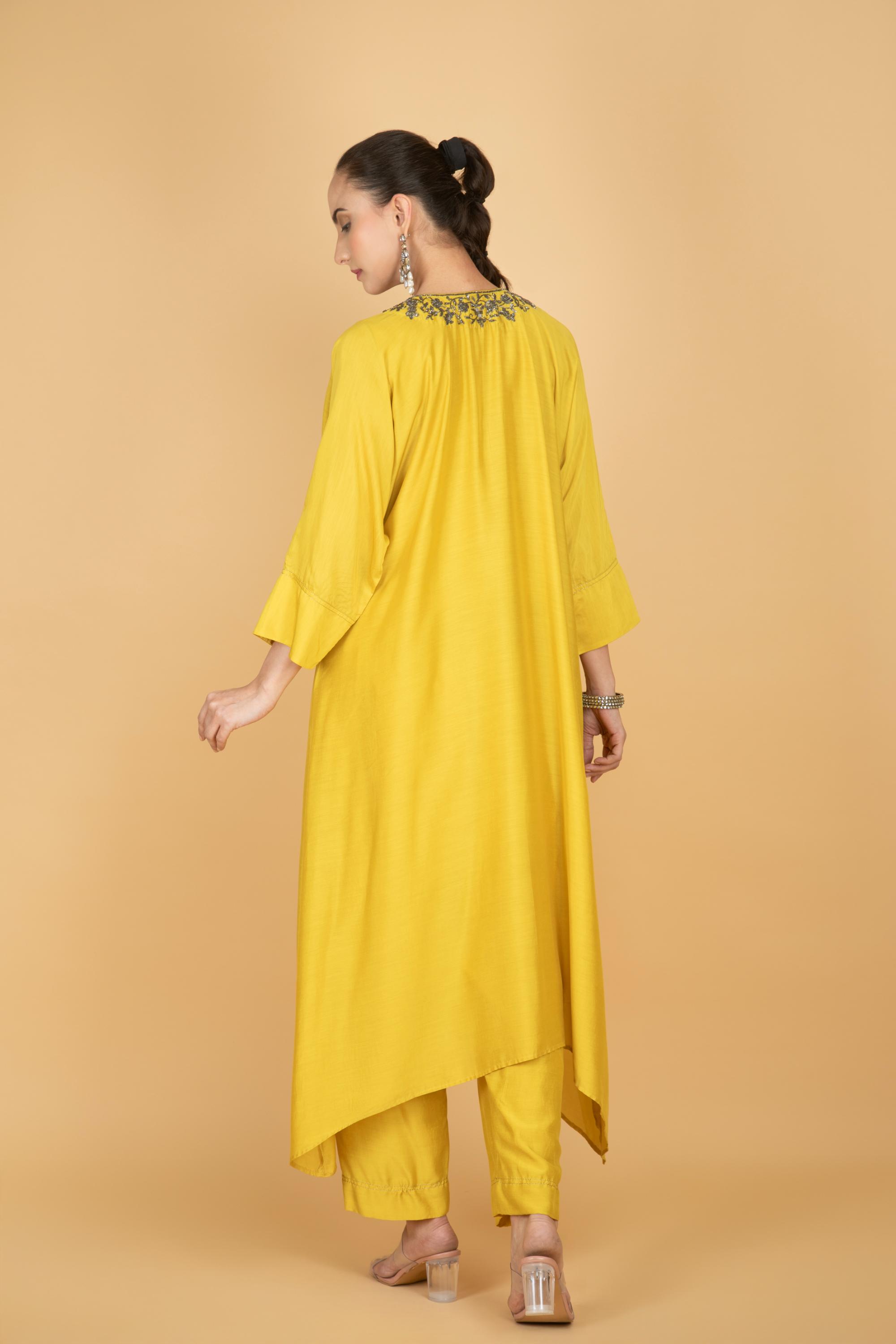 Lime Yellow Hand Embroidered Kaftaan Kurta W/Pants