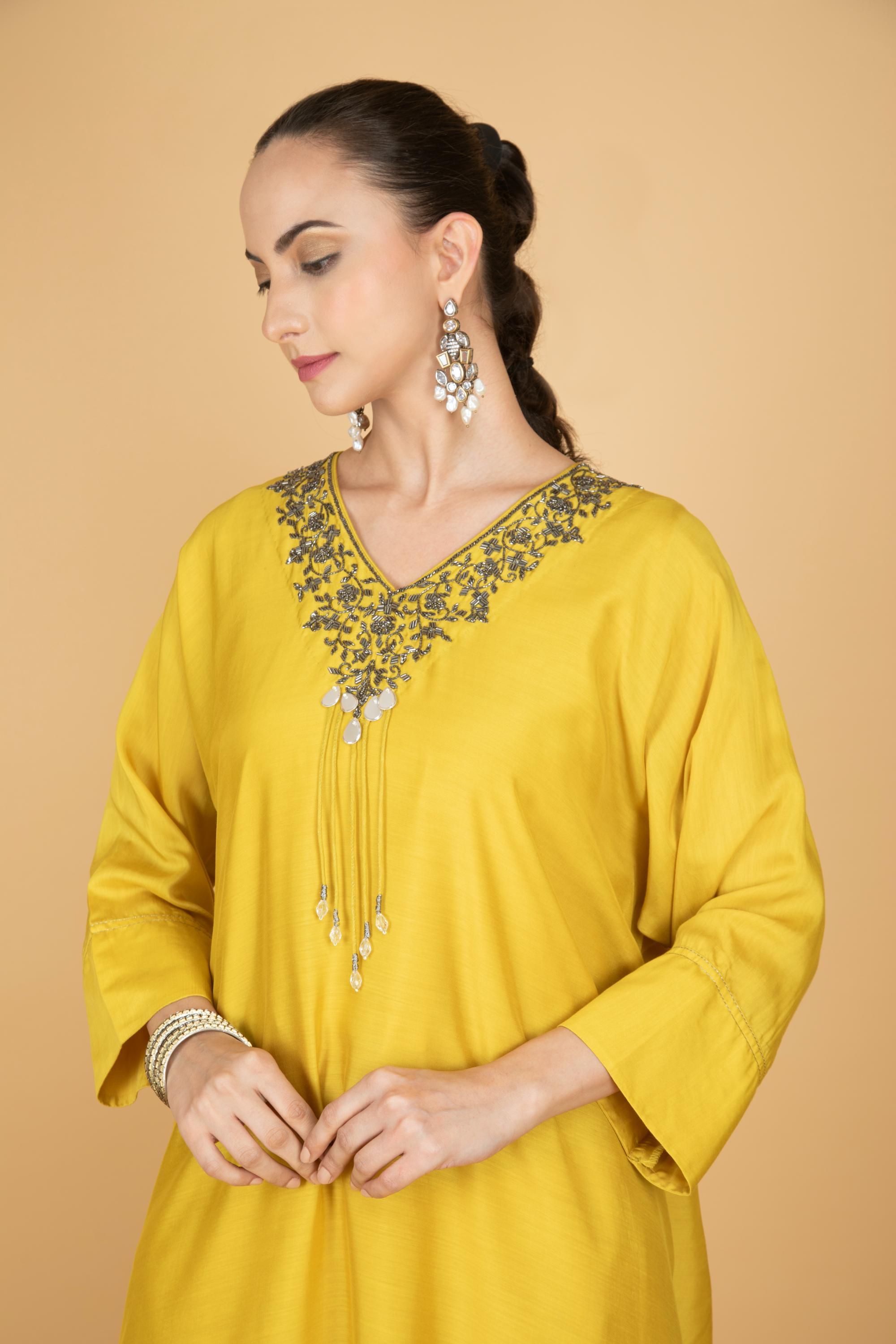 Lime Yellow Hand Embroidered Kaftaan Kurta W/Pants