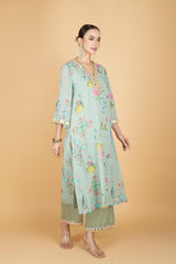 Green Floral Print Mirror Embroiderd Kurta With Pants & Dupatta