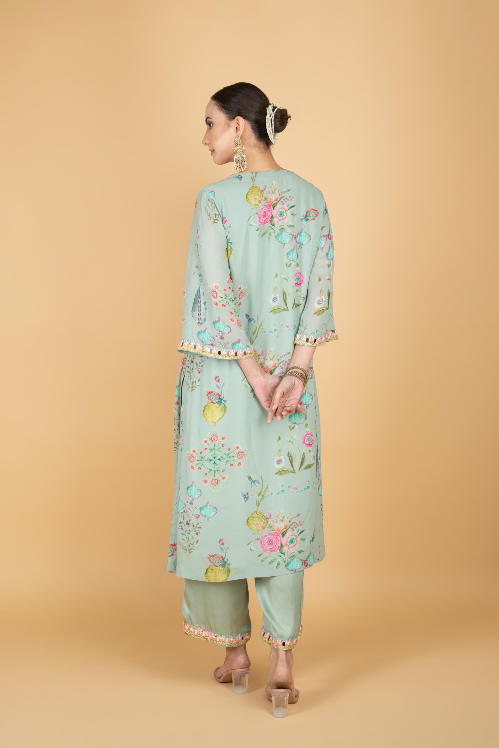 Green Floral Print Mirror Embroiderd Kurta With Pants & Dupatta