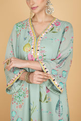 Green Floral Print Mirror Embroiderd Kurta With Pants & Dupatta