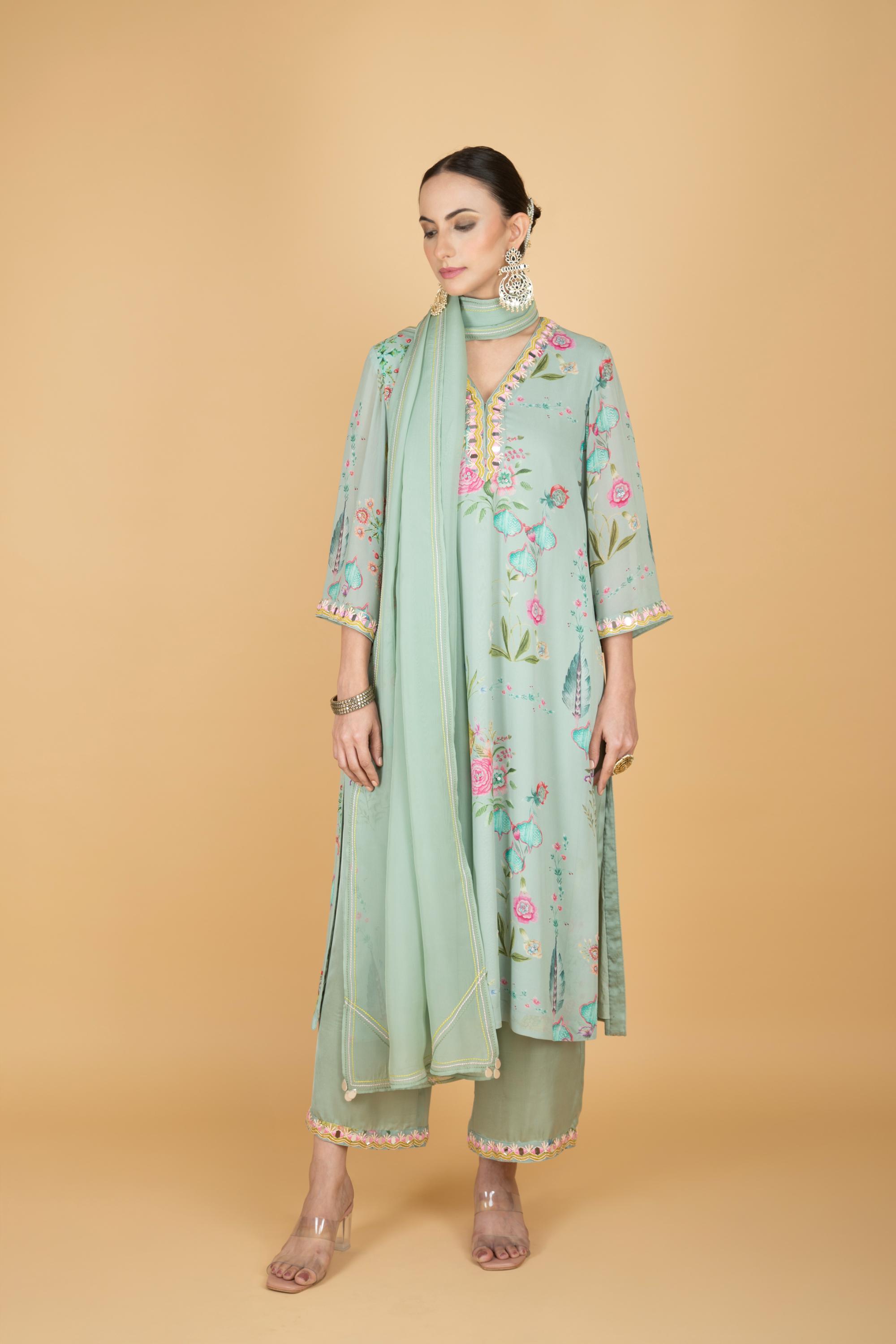 Green Floral Print Mirror Embroiderd Kurta With Pants & Dupatta