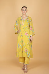 Lemon Yellow Floral Print Mirror Embroidered Kurta With Pants & Dupatta
