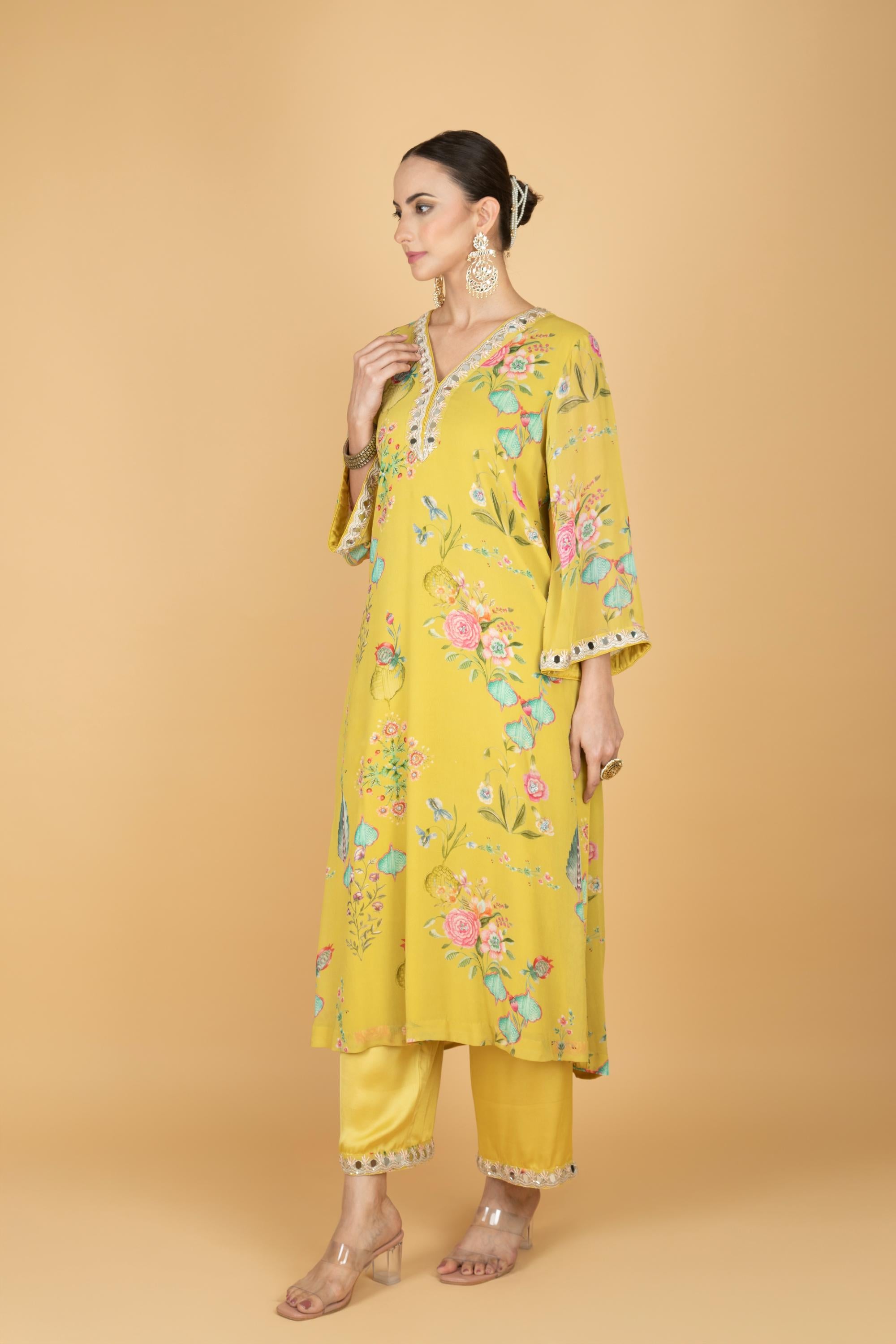 Lemon Yellow Floral Print Mirror Embroidered Kurta With Pants & Dupatta