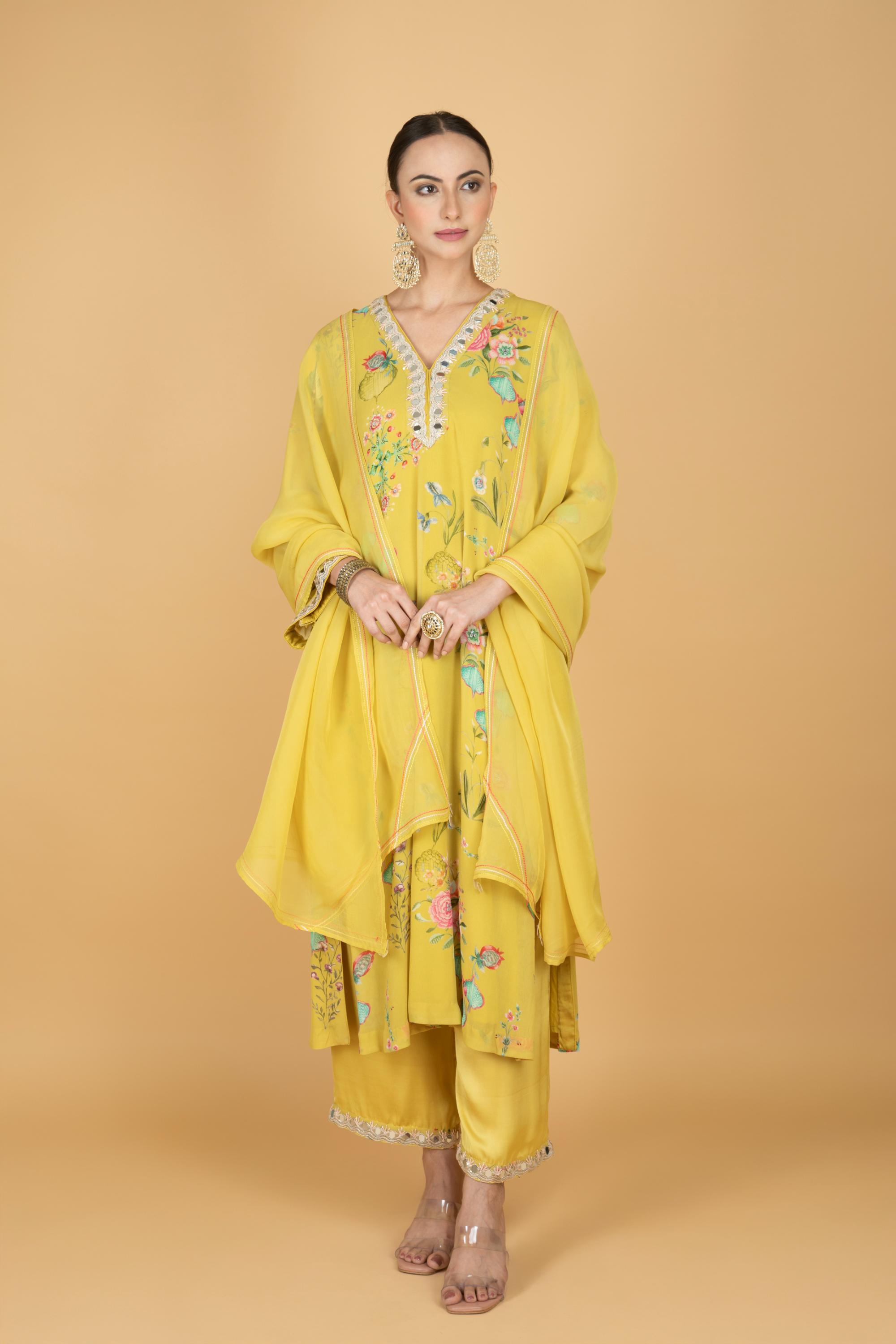 Lemon Yellow Floral Print Mirror Embroidered Kurta With Pants & Dupatta