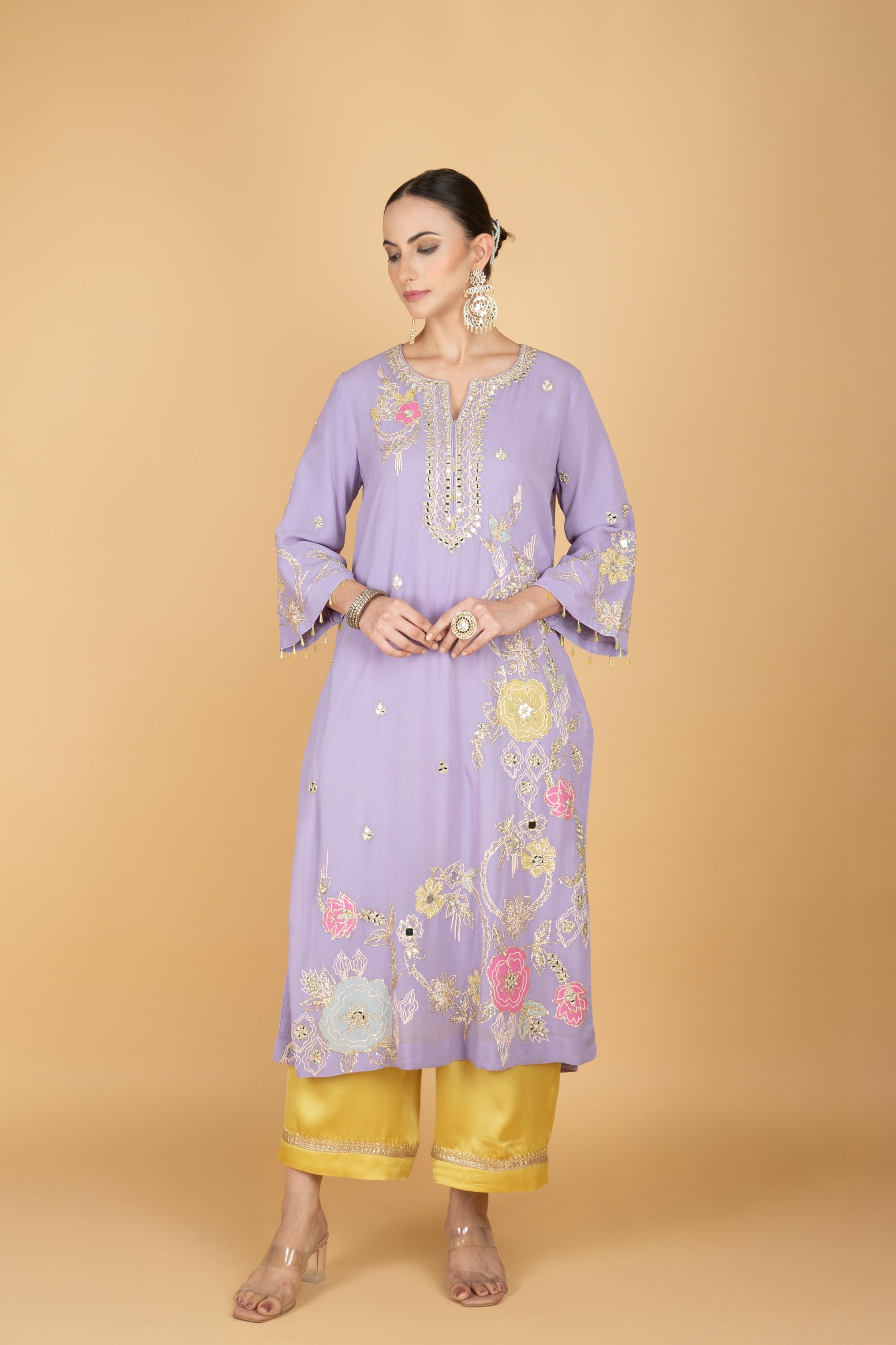 Purple Embroidered Kurta W/Contrasting Pant & Shaded Dupatta