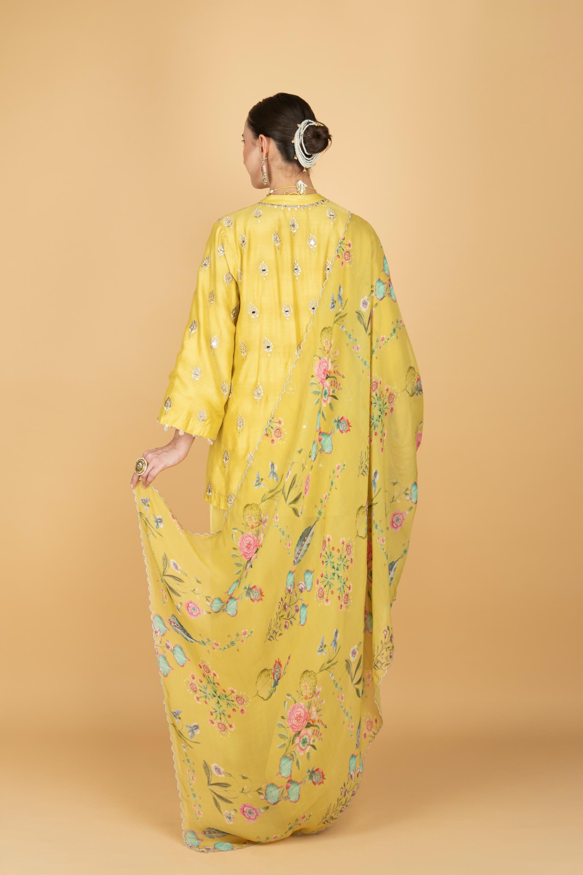 Lime Yellow Mirror Butti Embroidered Short Kurta with Farsi Salwar & Printed Dupatta
