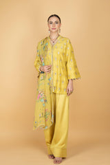 Lime Yellow Mirror Butti Embroidered Short Kurta with Farsi Salwar & Printed Dupatta