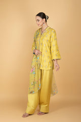 Lime Yellow Mirror Butti Embroidered Short Kurta with Farsi Salwar & Printed Dupatta