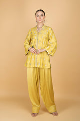 Lime Yellow Mirror Butti Embroidered Short Kurta with Farsi Salwar & Printed Dupatta