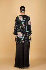 Black Floral Print Embroidered Overlay Top With Pants