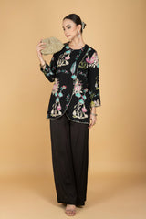 Black Floral Print Embroidered Overlay Top With Pants