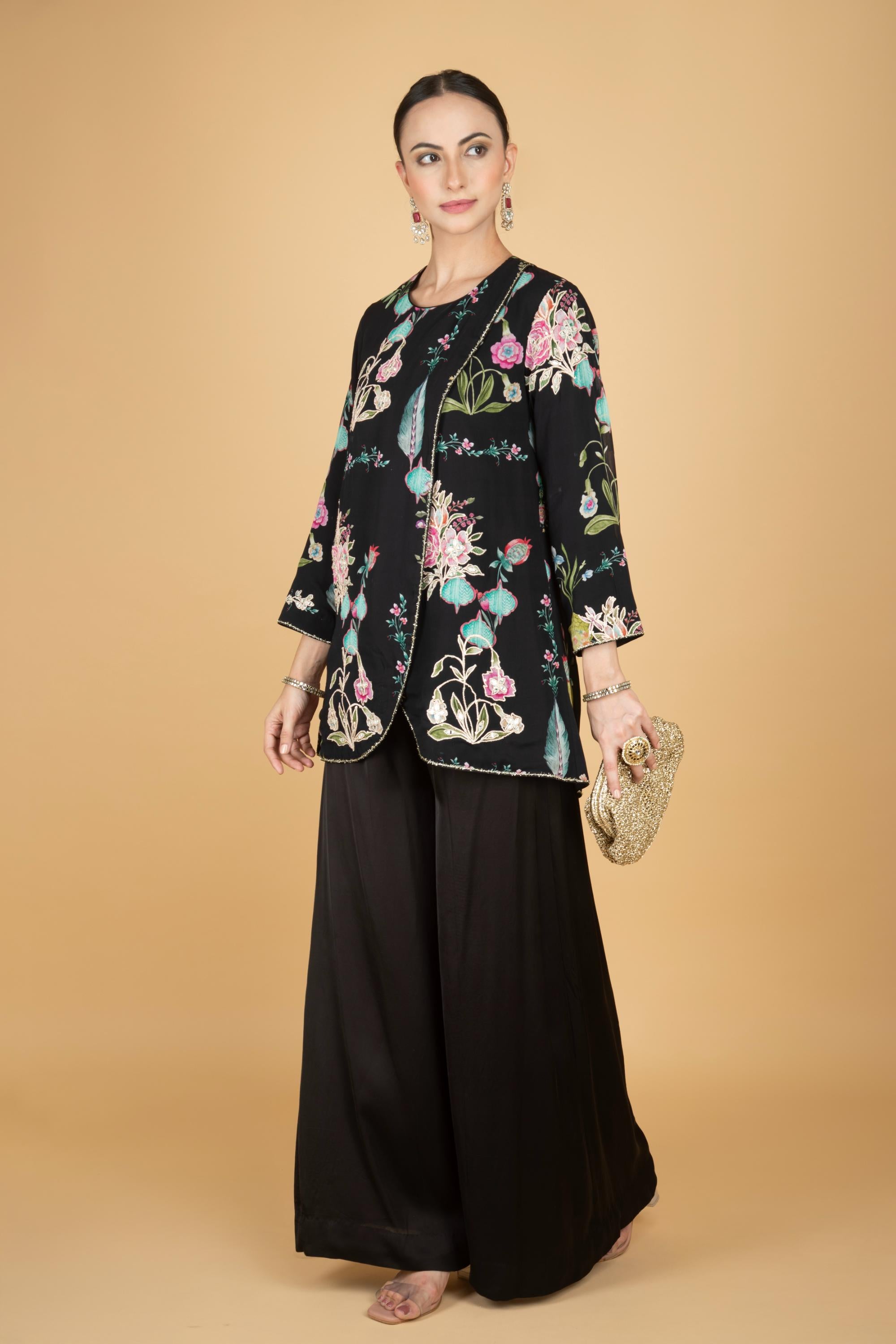 Black Floral Print Embroidered Overlay Top With Pants