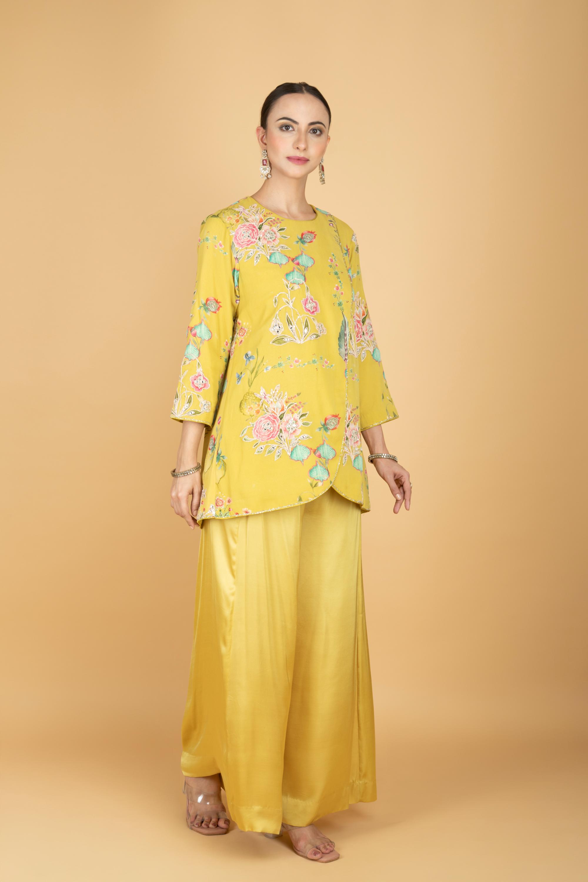 Lemon Yellow Floral Print Embroidered Overlay Top W/Pants