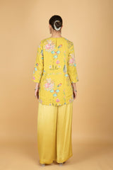 Lemon Yellow Floral Print Embroidered Overlay Top W/Pants
