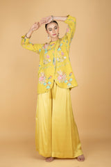 Lemon Yellow Floral Print Embroidered Overlay Top W/Pants