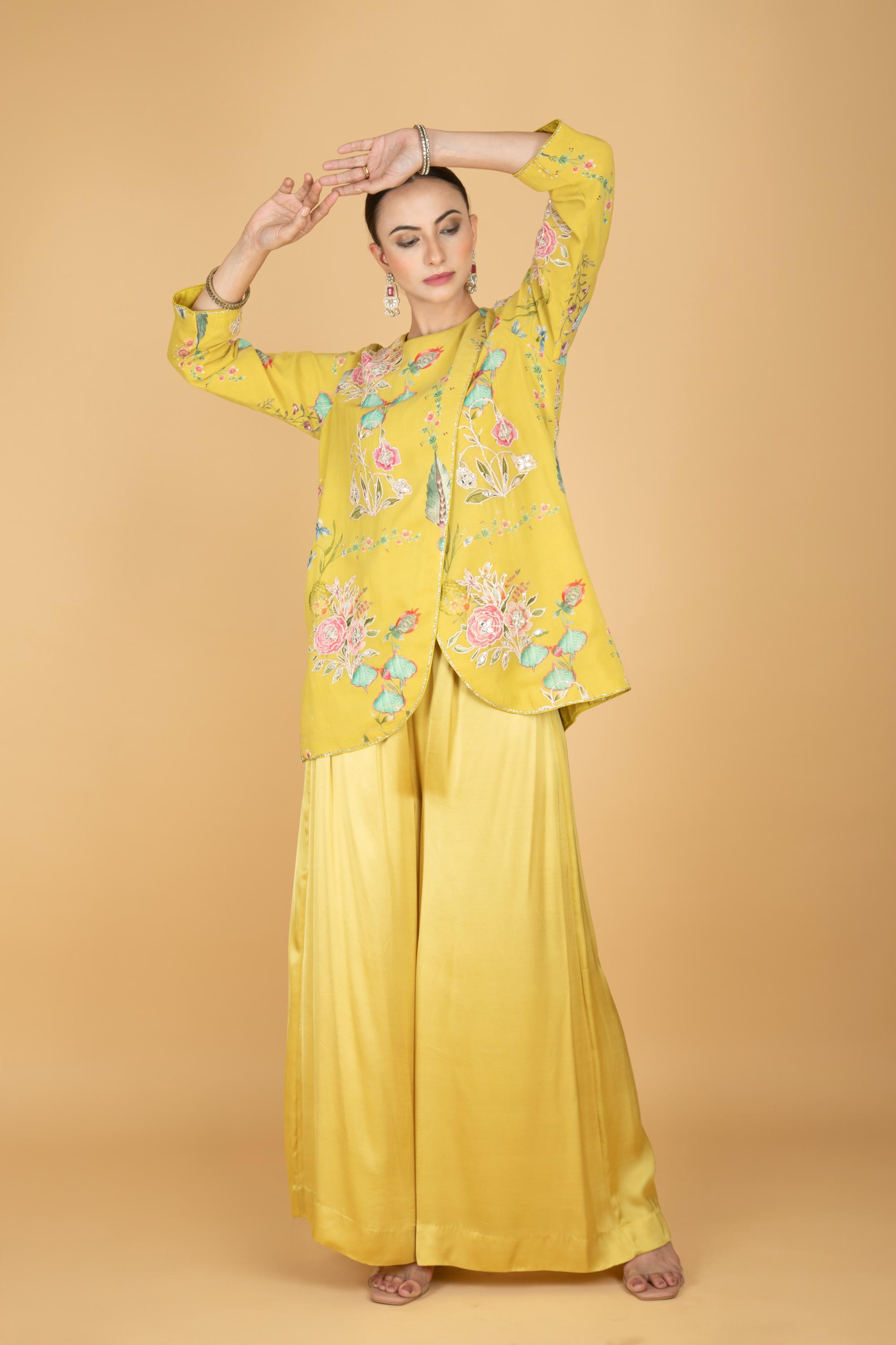 Lemon Yellow Floral Print Embroidered Overlay Top W/Pants