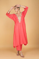 Coral Pink Embroidered Kaftaan Kurta With Pants