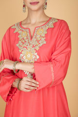 Coral Pink Embroidered Kaftaan Kurta With Pants