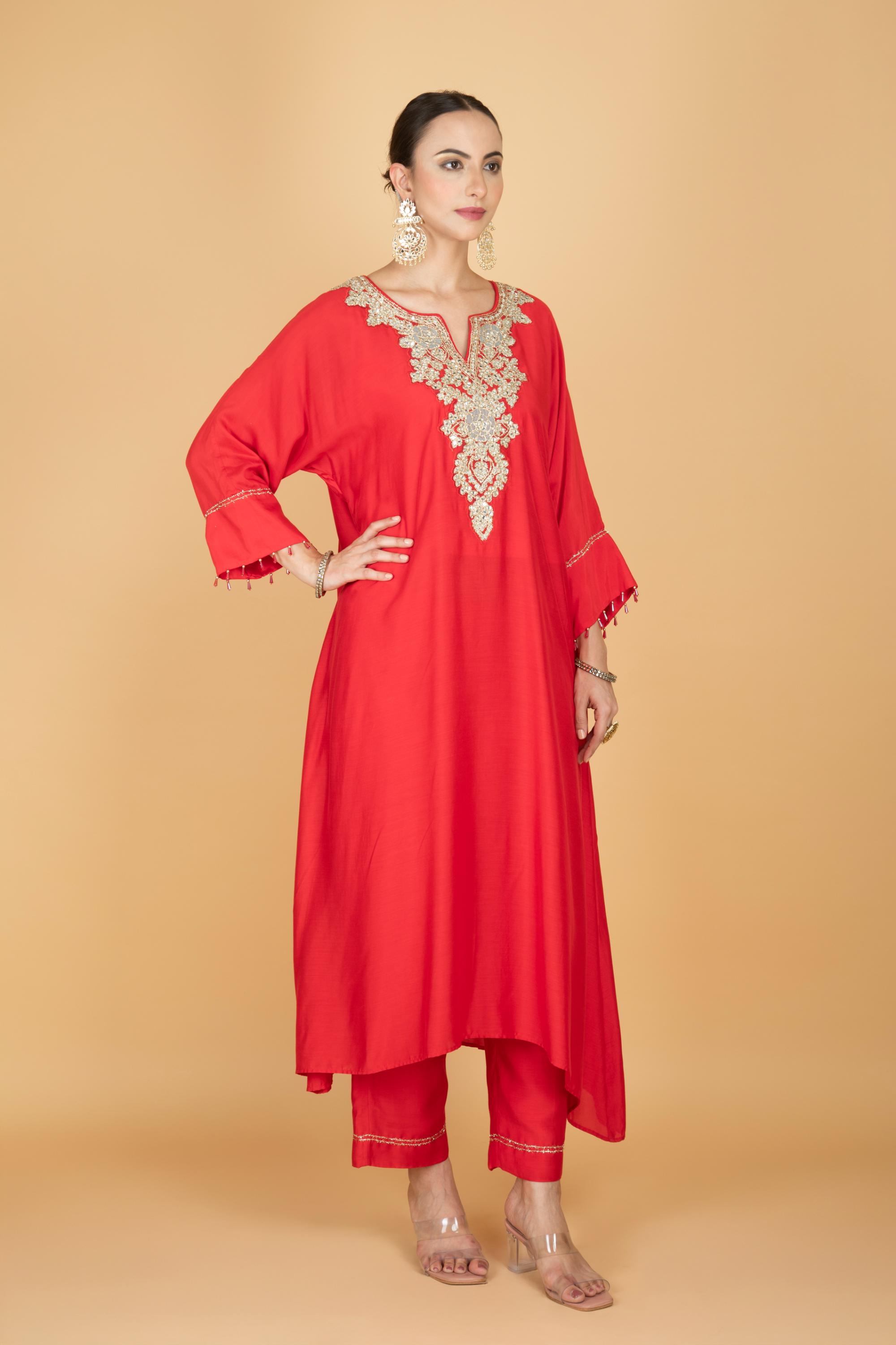 Red Embroidered Kaftaan Kurta With Pants