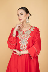 Red Embroidered Kaftaan Kurta With Pants