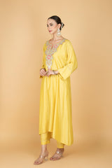 Lemon Yellow Embroidered Kaftaan Kurta With Pants