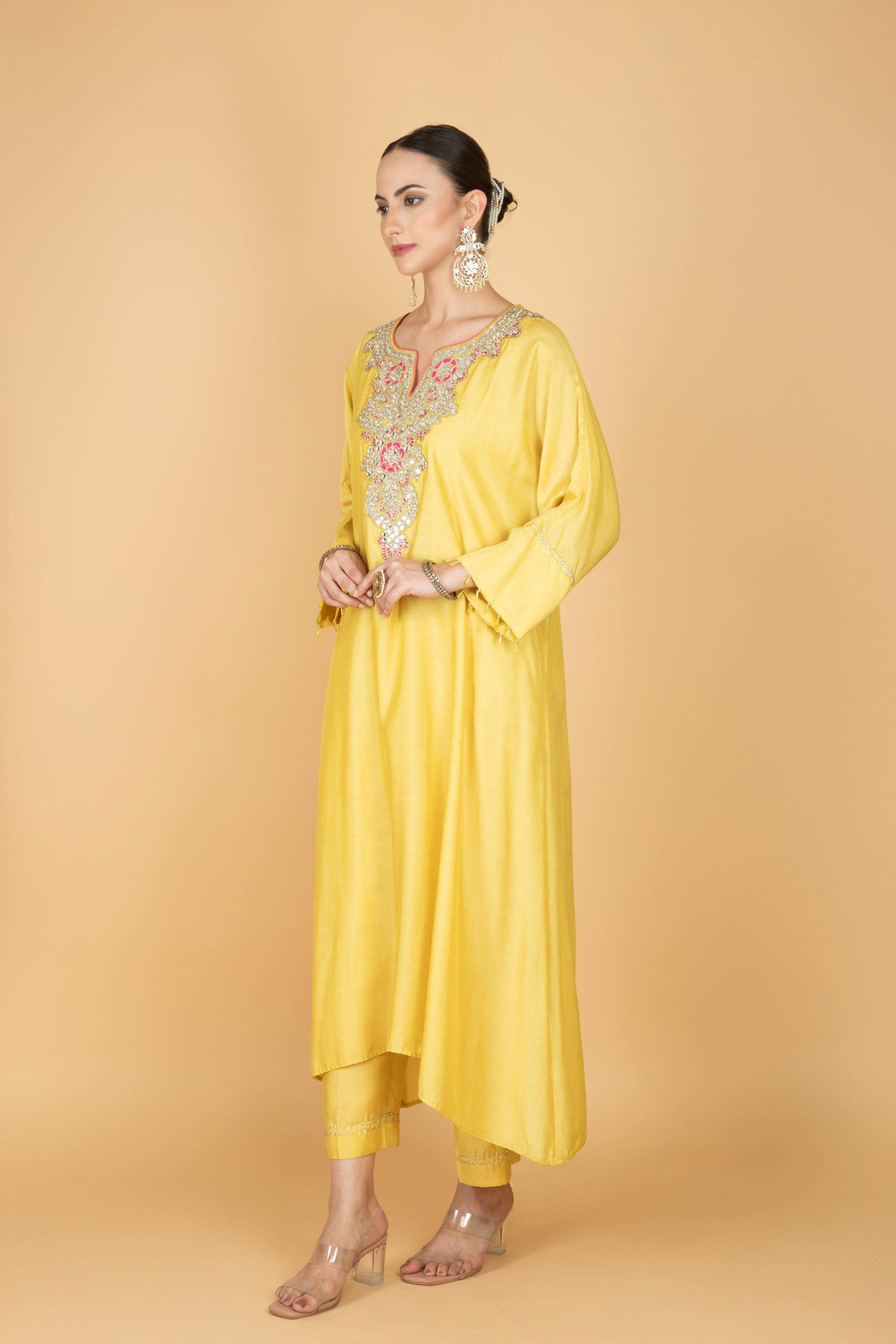 Lemon Yellow Embroidered Kaftaan Kurta With Pants