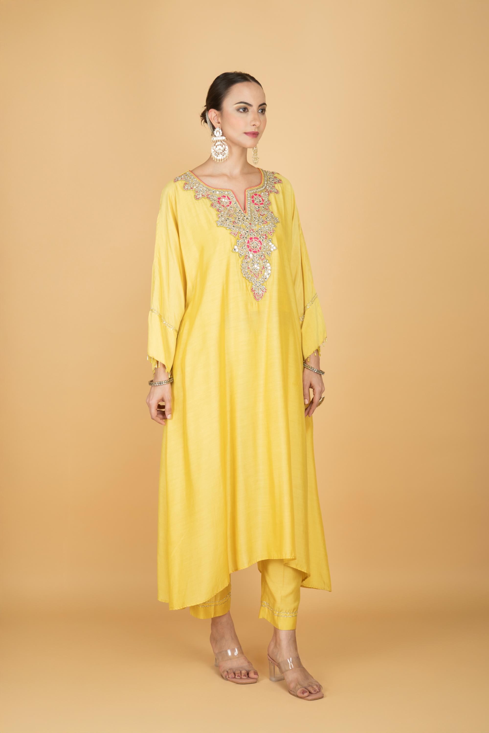 Lemon Yellow Embroidered Kaftaan Kurta With Pants