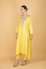 Lemon Yellow Embroidered Kaftaan Kurta With Pants