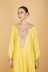 Lemon Yellow Embroidered Kaftaan Kurta With Pants