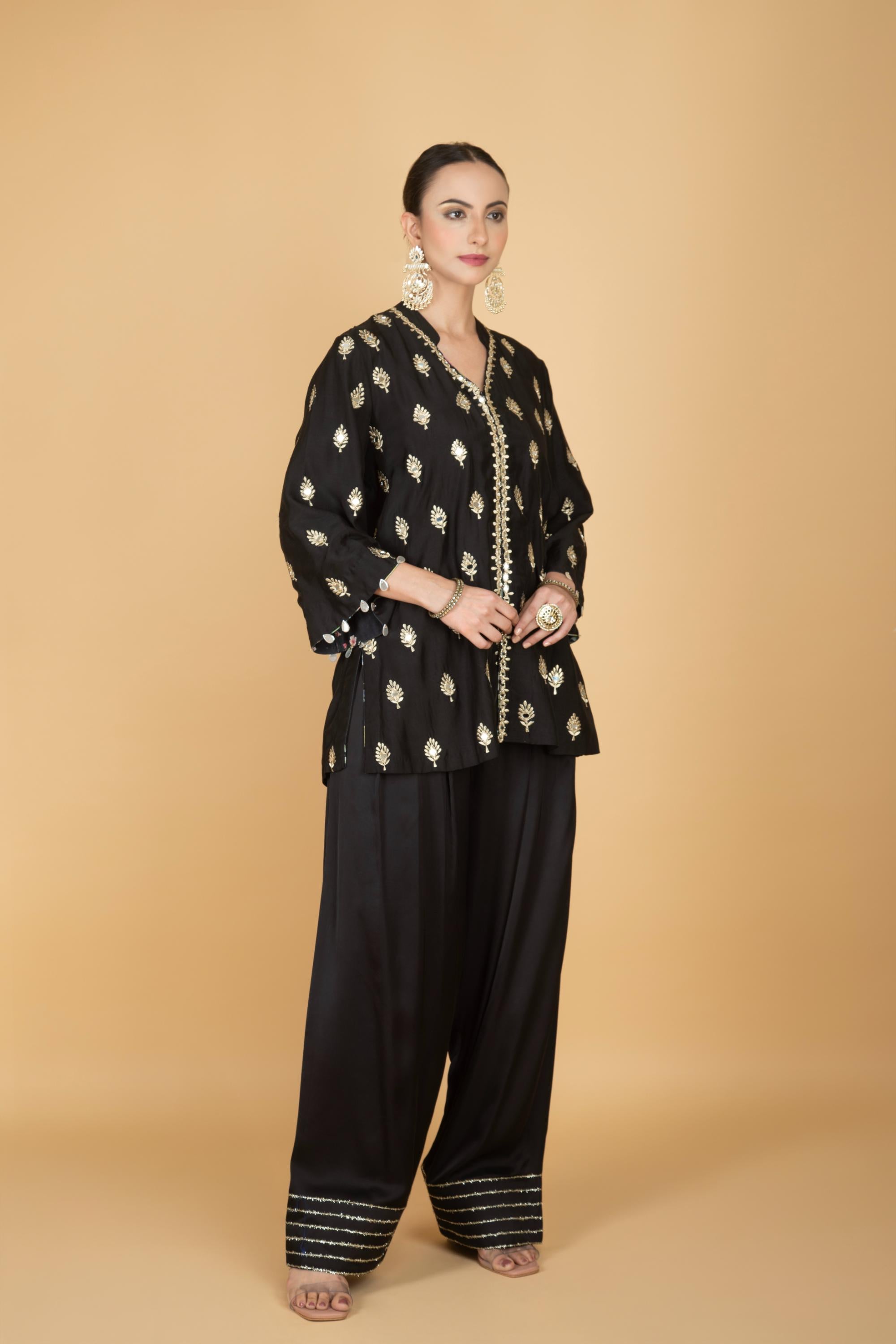 Black Mirror Butti Embroidered Short Kurta with Farsi Salwar & Printed Dupatta