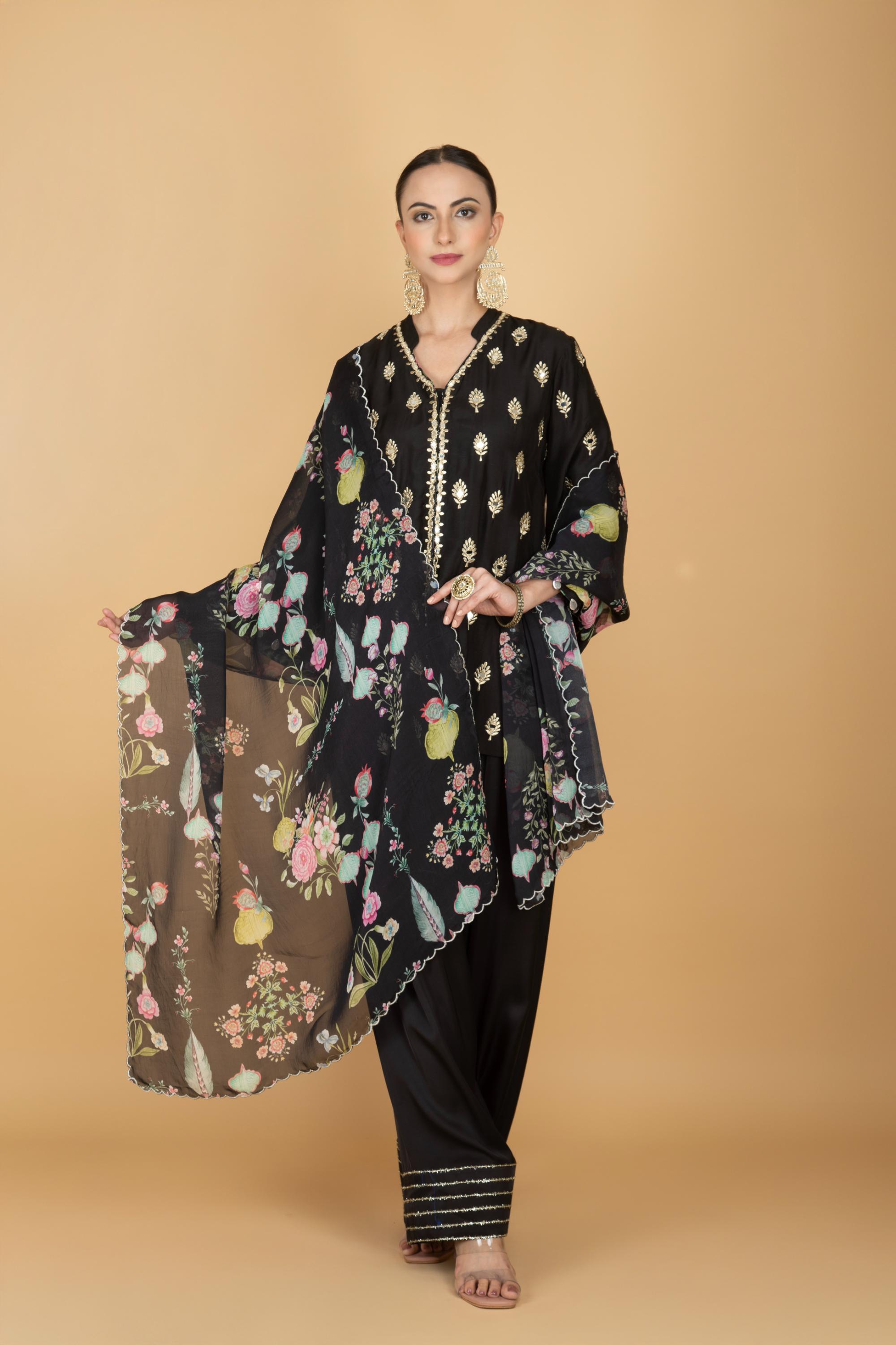 Black Mirror Butti Embroidered Short Kurta with Farsi Salwar & Printed Dupatta