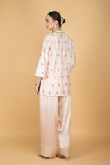 Nude Pink Mirror Butti Embroidered Short Kurta with Farsi Salwar & Printed Dupatta