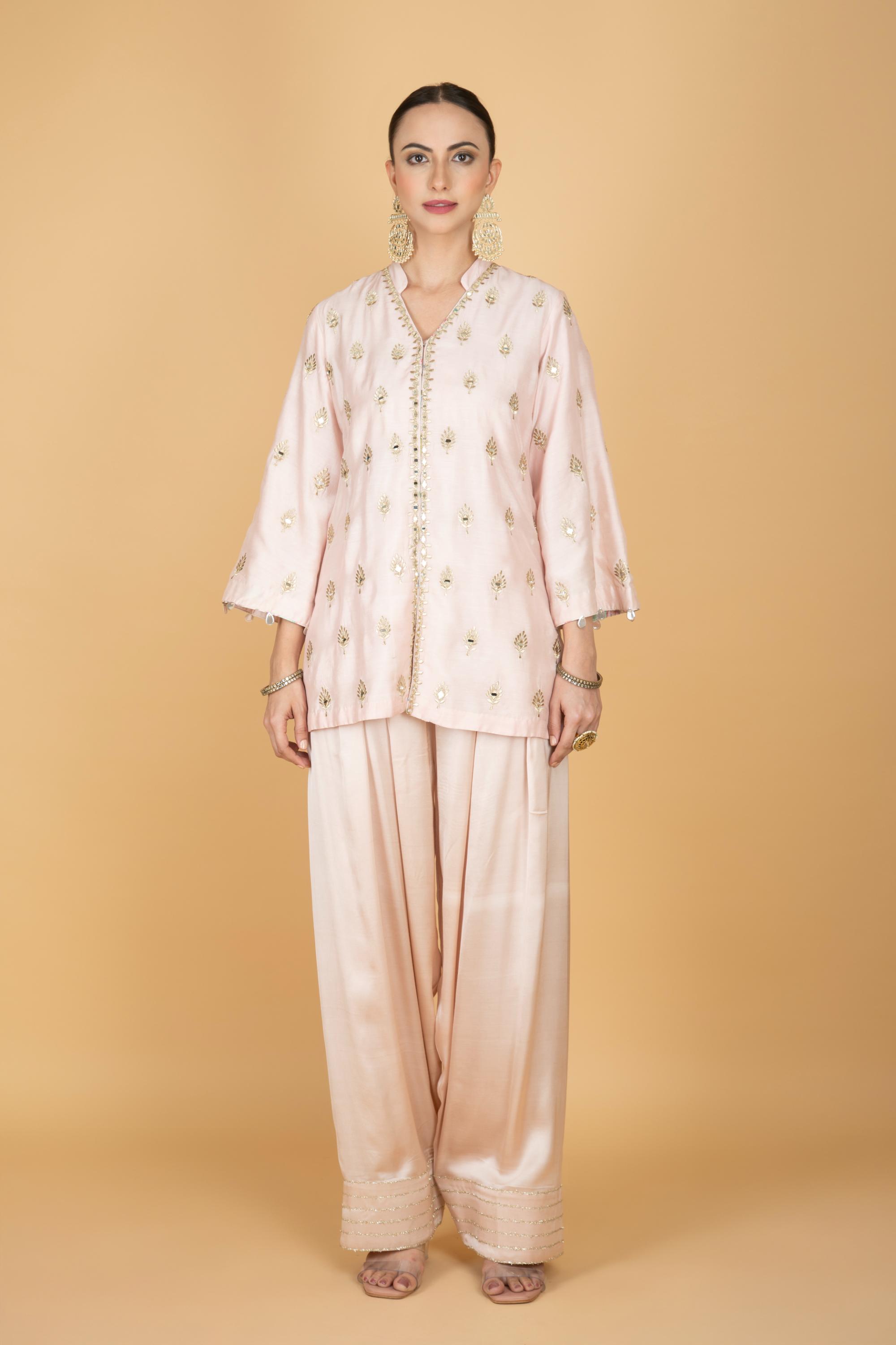 Nude Pink Mirror Butti Embroidered Short Kurta with Farsi Salwar & Printed Dupatta