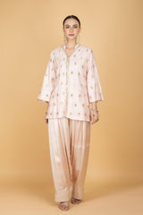 Nude Pink Mirror Butti Embroidered Short Kurta with Farsi Salwar & Printed Dupatta