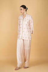 Nude Pink Mirror Butti Embroidered Short Kurta with Farsi Salwar & Printed Dupatta