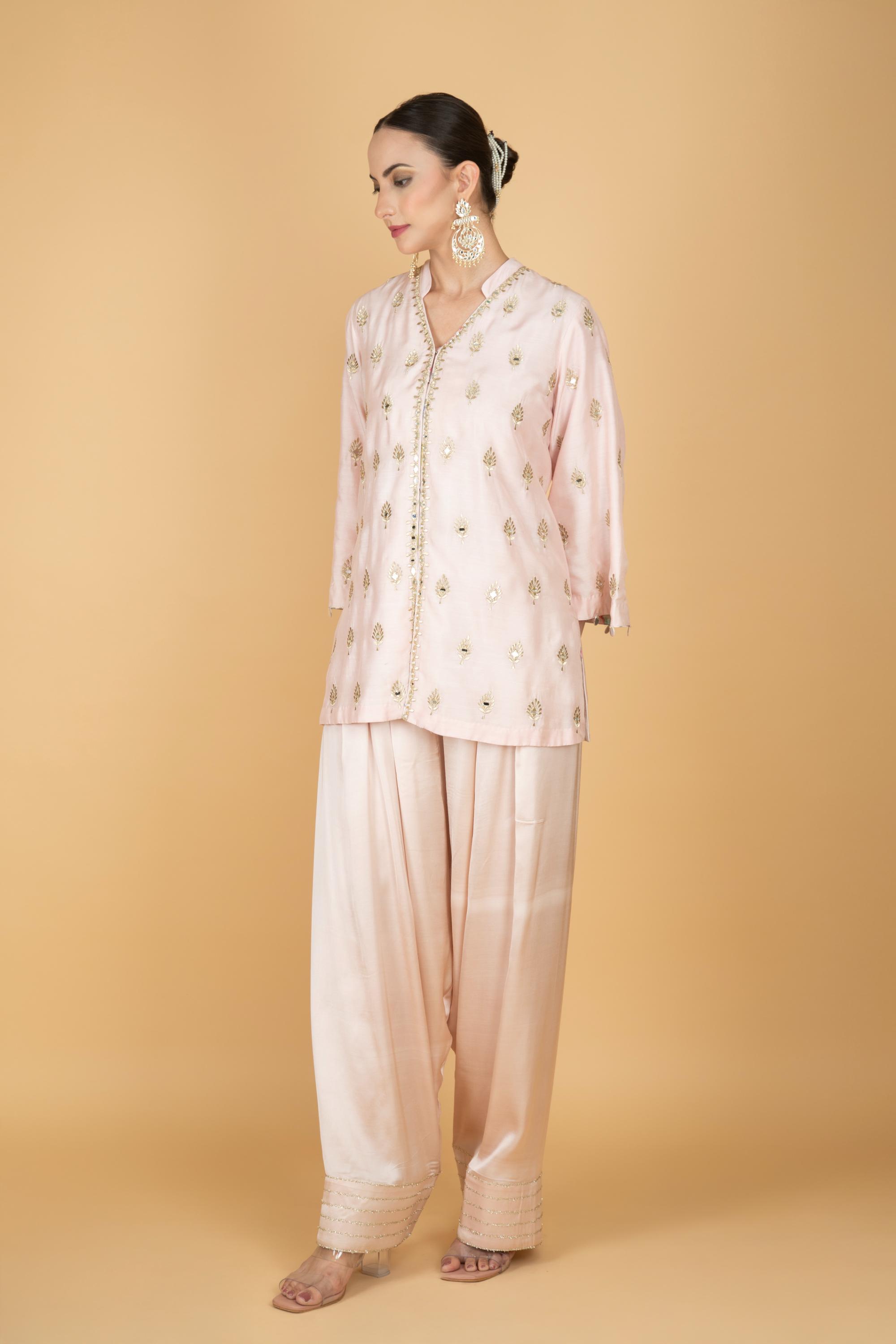 Nude Pink Mirror Butti Embroidered Short Kurta with Farsi Salwar & Printed Dupatta